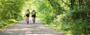 Two men riding bicycles down a bike path for exercise.